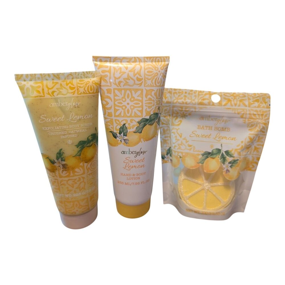 Amber glow Sweet Lemon Set Body Scrub, Body Lotion & Bath Bomb Coastal Chic New